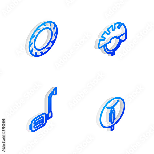 Set Isometric line Bicycle helmet, wheel tire, pedal and icon. Vector.