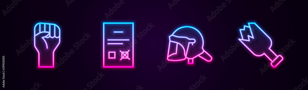 Set line Raised hand with clenched fist, Poll document, Police helmet and Broken bottle as weapon. Glowing neon icon. Vector. Set line Raised hand with clenched fist, Poll document, Police helmet and Broken bottle as weapon. Glowing neon icon. Vector.