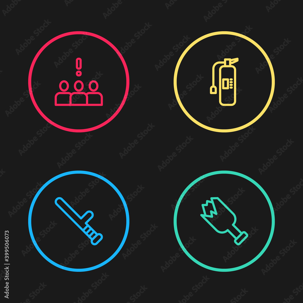 Set line Police rubber baton, Broken bottle as weapon, Fire extinguisher and Crowd protest icon. Vector. Set line Police rubber baton, Broken bottle as weapon, Fire extinguisher and Crowd protest icon. Vector.