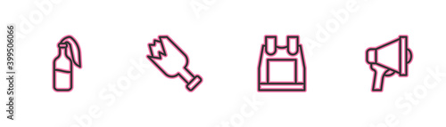 Set line Cocktail molotov, Bulletproof vest, Broken bottle as weapon and Megaphone icon. Vector.