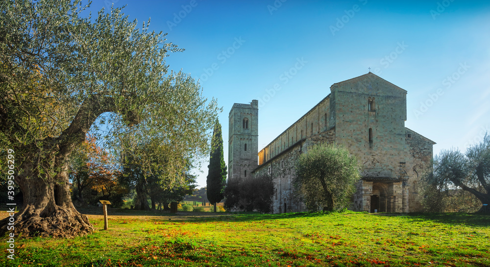 Sant Antimo abbey in the morning. Montalcino. Tuscany, Italy