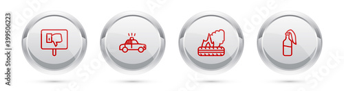 Set line Protest, Police car and flasher, Lying burning tires and Cocktail molotov. Silver circle button. Vector.