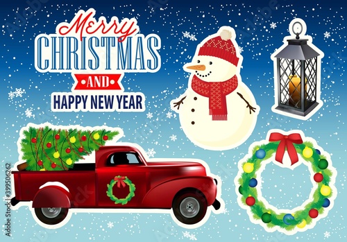 Merry Christmas Retro Car Collection. Vector Illustration.