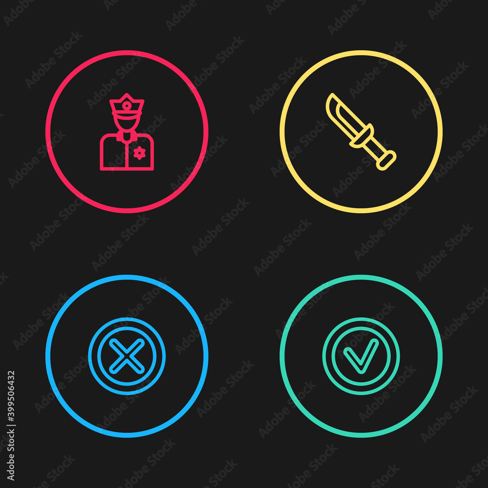 Set line X Mark, Cross in circle, Check mark round, Military knife and Police officer icon. Vector. Set line X Mark, Cross in circle, Check mark round, Military knife and Police officer icon. Vector.