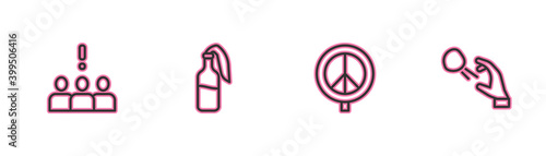 Set line Crowd protest, Peace, Cocktail molotov and Hooligan shooting stones icon. Vector.