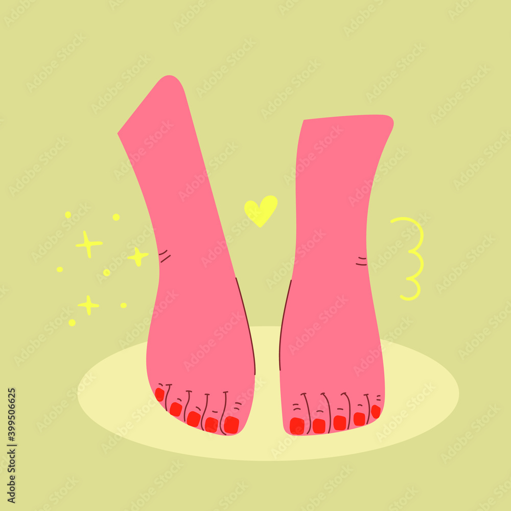 Feet with red nail polish, pedicure, massage, foot spa, skin care. Hand drawn flat illustration. Feet with red nail polish, pedicure, massage, foot spa, skin care. Hand drawn flat illustration.