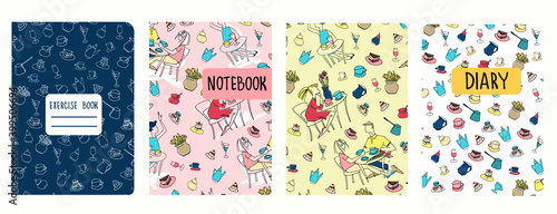 Cover page vector templates based on patterns with hand drawn cafe scenes, cakes, other objects. Girly delight concept. Background for student exercise books, notebooks, diaries