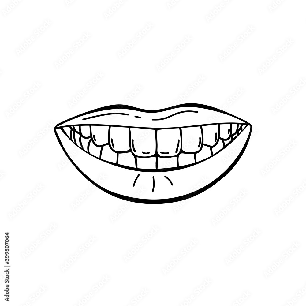 Isolated smiling lips with healthy teeth, Hand drawn line art illustration, Vector sketch. black doodle on white. Isolated smiling lips with healthy teeth, Hand drawn line art illustration, Vector sketch. black doodle on white.