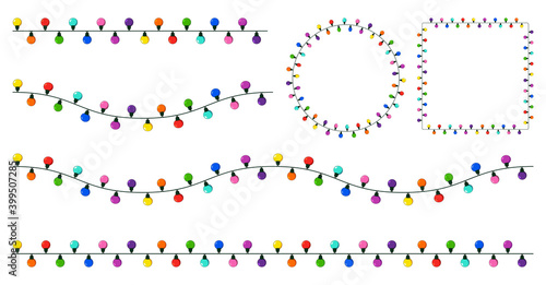 Christmas lights string set. Collection of garland with colorful light bulb. Group of xmas line divider border and frame (circle and square). Cartoon decorative illustration isolated on white.