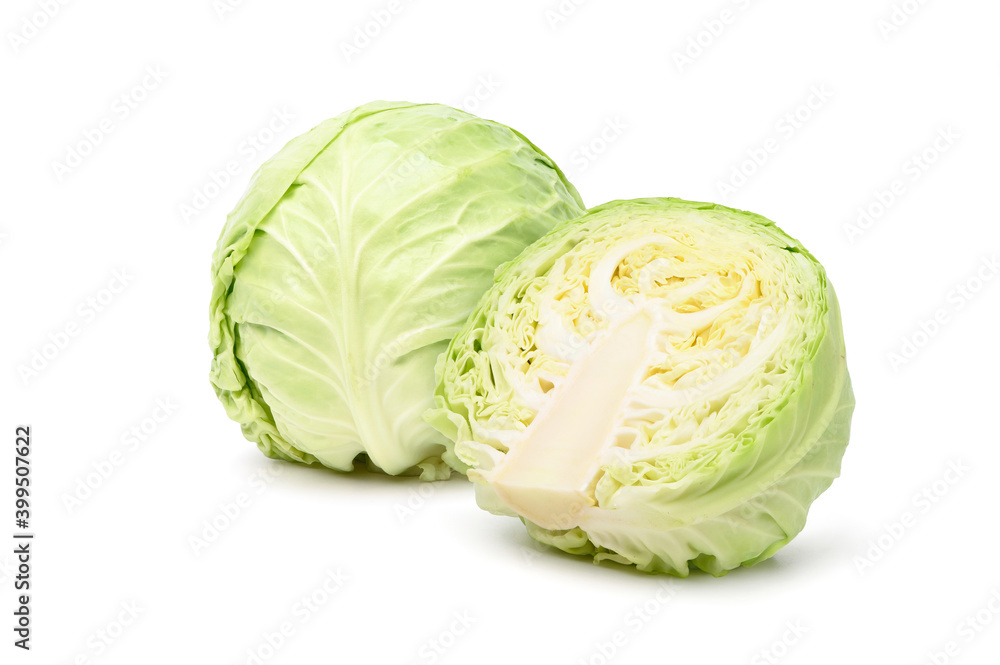 Fresh green cabbage with cut in half isolated on white background. Fresh green cabbage with cut in half isolated on white background.