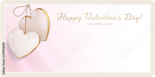Luxury design of invitation card for Happy Valentine's Day, affiance and wedding. Pink and white empty envelope is decorated with a two ivory hearts and retro border. 3d realistic gem pendant.