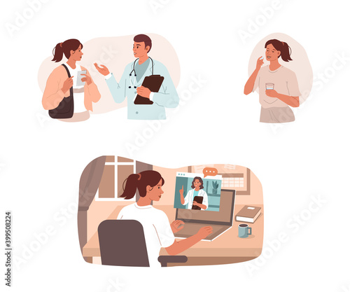 Patient has a Consultation with Doctor in Hospital and Online on Video Call. Woman Taking Prescription Pills. Modern Health Care and Online Medicine Concept. Flat Cartoon Vector Illustration.
