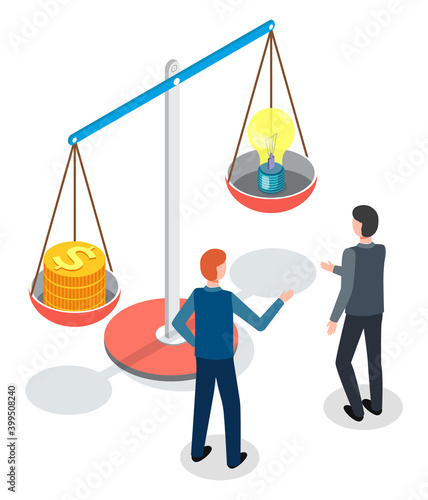 Men, back view, standing near huge conceptual scales, one bowl with dollar coins and the second bowl with symbolic light bulb. Weighing, comparison, decision making. Hesitating, insecurity. Flat image