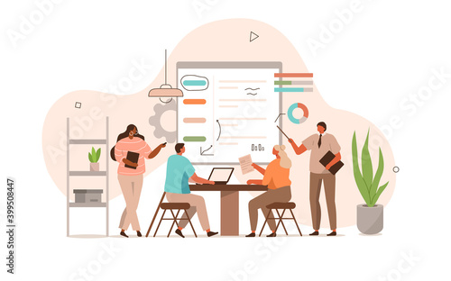 People Characters Meeting in Conference Room and Planning Project Strategy. Colleagues Sharing their Business Ideas on Board. Business Process Concept. Flat Cartoon Vector Illustration.