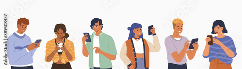 Young Fashionable People Looking on Smartphones and Chatting. Happy Boys and Girls talking and typing on Phone. Female and Male Characters collection. Flat Cartoon Vector Illustration.