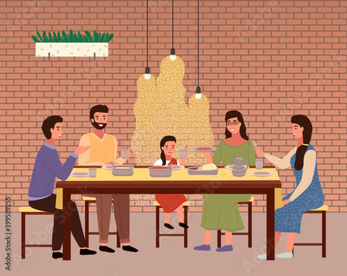 Restaurant in indian style flat vector illustration. Dining table with pitas and sauces. Arrangement of furniture. Family eating indian food. People in national costumes have dinner together