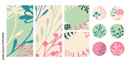 Hand drawn vector floral template for social media, post, vertical and round story covers. Abstract drawing in gentle calm pink, blue-green pastel tones.