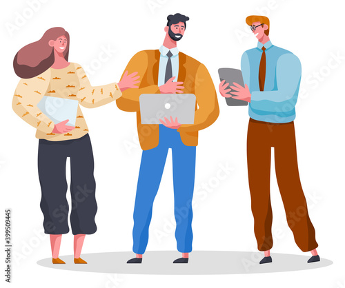 Colleagues stand and discuss news, project, holding devices in hands. Woman carries document, man with laptop, guy holds atablet. Communication or meeting at office. Office staff. Flat image