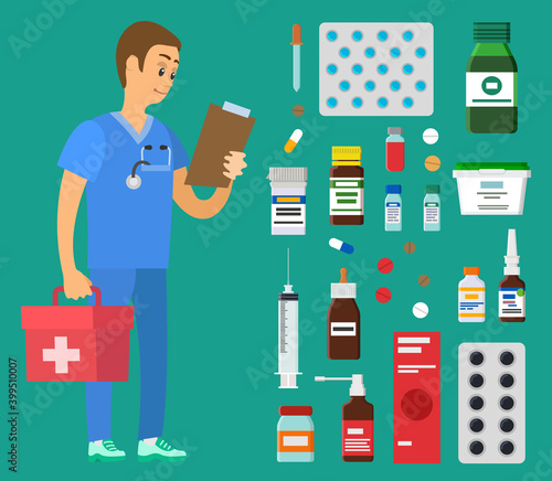 Medical clinic worker holding document and first aid kit. Emergency doctor examines patient card. Paramedic prepares to go on emergency call. Man in blue uniform near set of medical supplies