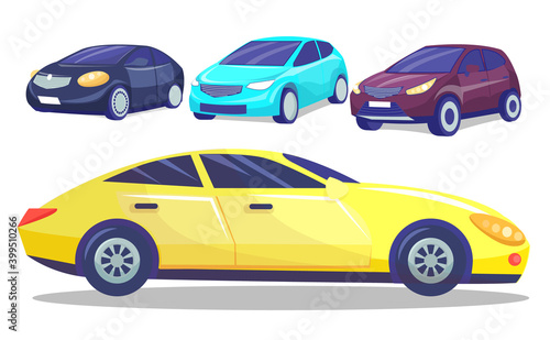 Automobile collection, set of colorful modern cars, automobiles from front and side, vehicle of everyday using transport, transportation, taxi, comfortable auto for driving, sedan or hatchback
