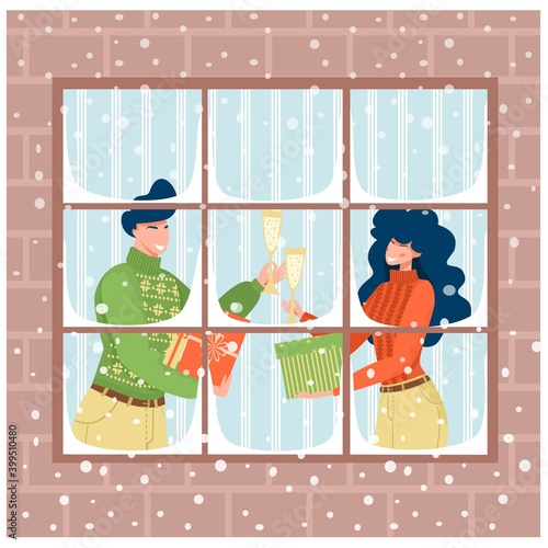 Vector New Year card. The girl and the guy congratulate each other on Christmas. Snow-covered window, brick wall, snowfall.
