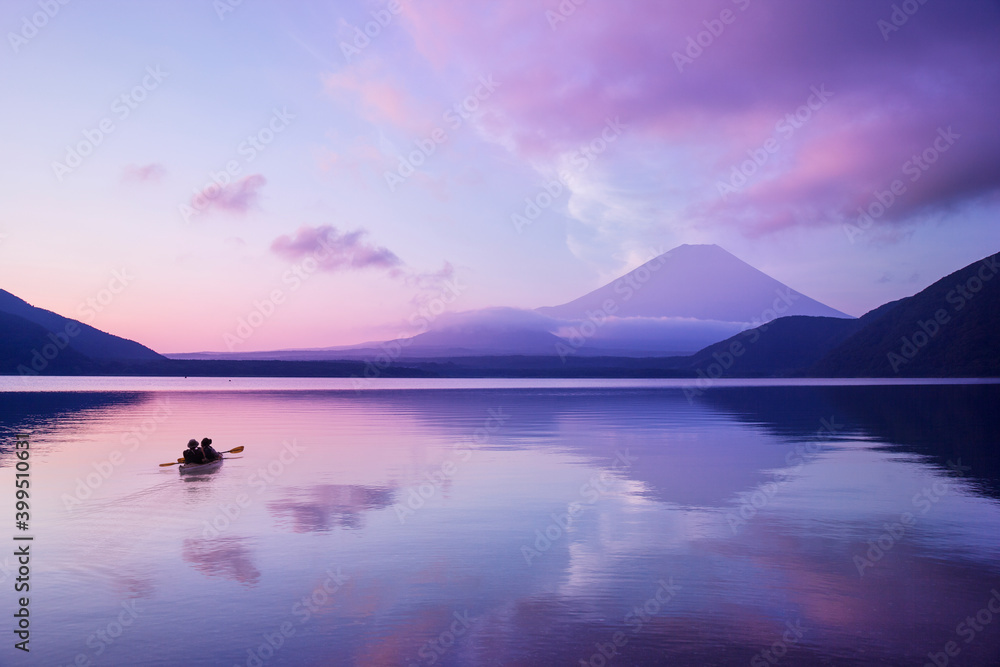 Mt.Fuji and reflection at Lake Motosu in the morning.