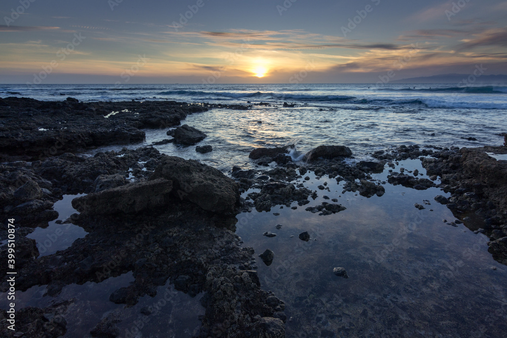 Sunset in Playa de las Americas in the south of Tenerife (Spain)