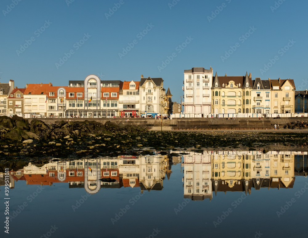 Seafront of Wimereux reflected on the beach of the French Opal Coast