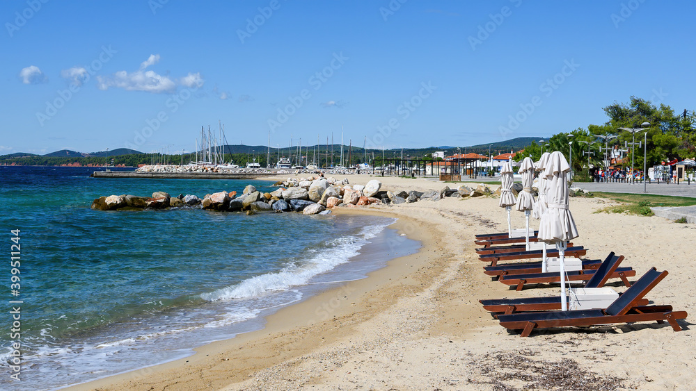 Beach on Aegean sea coast in Nikiti, Greece