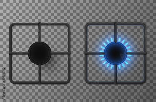 Gas burner flame, empty gas cooker for brewing, boiling