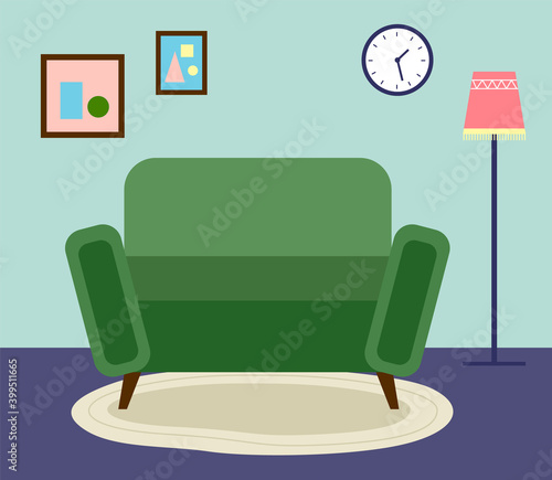 Green rounded cozy vintage sofa, oval gray rug, colorful high floor lamp, blue walls and floor, paintings and clocks on the wall. Living room interior, staying home. Flat vector illustration for web