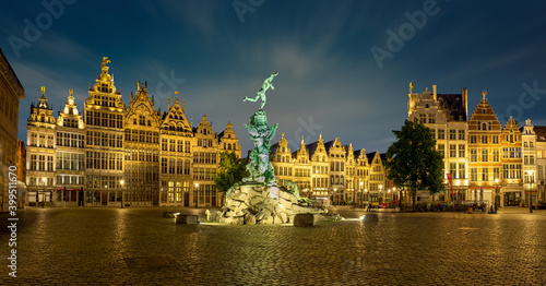 Brabo fountain at the Grote Markt square of Antwerp after sunset