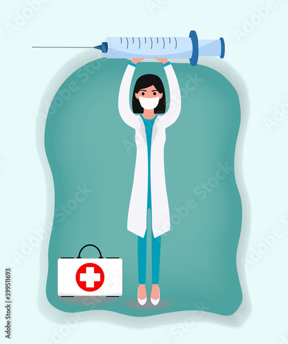 Woman doctor holds large syringe with vaccine. Doctor prevents epidemic. Vaccination concept. Vector illustration.