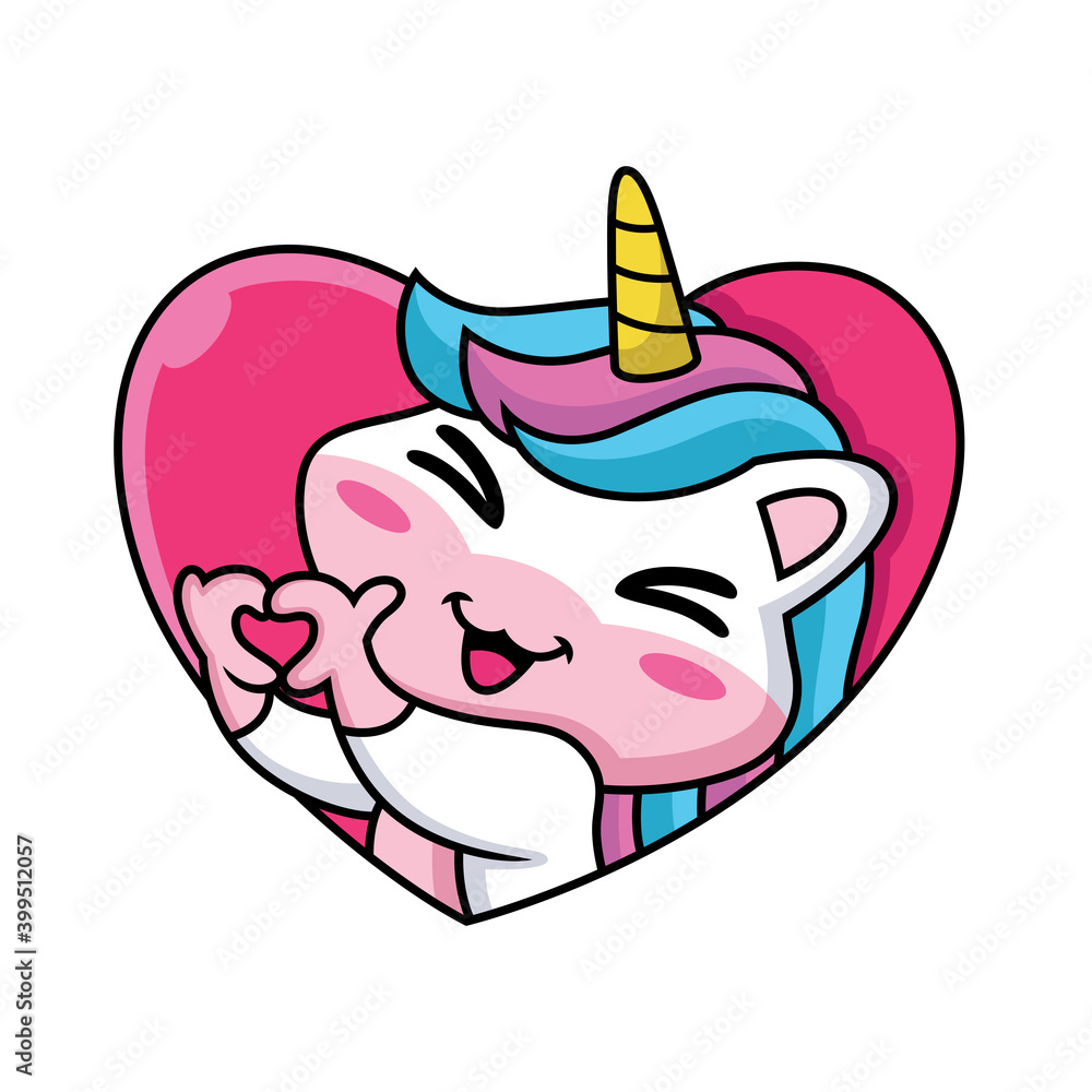 Cute Cartoon Unicorn Expression on Love Background Cute Cartoon Unicorn Expression on Love Background