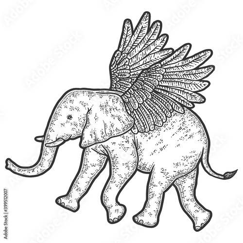 Baby elephant with wings. Engraving vector illustration. Sketch