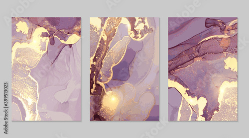 Set of purple and gold marble abstract patterns. Alcohol ink technique stone texture. Vector background. Modern paint with glitter. Banner, poster design template.