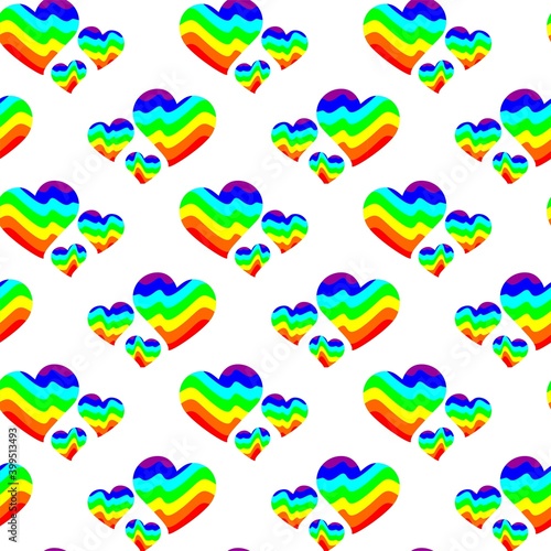 Vector seamless pattern of three different hearts. Abstract image depicting mountains or sea waves in colors of rainbow. Multicolored background