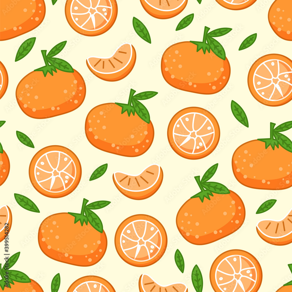 Pattern with fresh tangerines with green leaves. Vector orange citrus fruit ripe mandarin on white background. Set with whole fruit and a half, a piece, juicy lobule. Vitamin organic tropical food Pattern with fresh tangerines with green leaves. Vector orange citrus fruit ripe mandarin on white background. Set with whole fruit and a half, a piece, juicy lobule. Vitamin organic tropical food