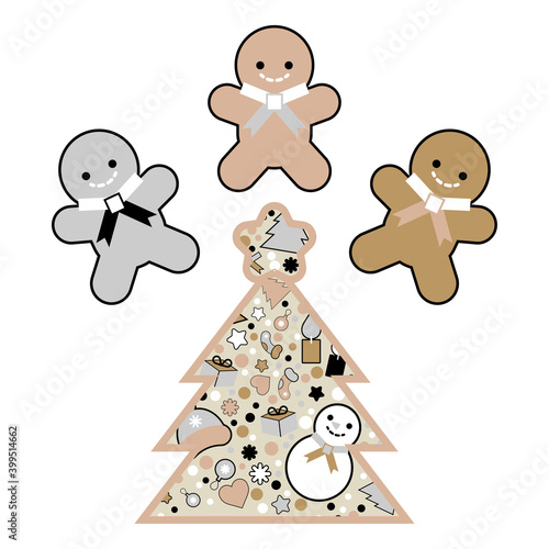 Merry Christmas gingerbread cookies on a white background. Happy new Year's holiday. Gold, silver, white, and black colors. Vector illustration for web design or print.