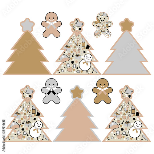 Merry Christmas gingerbread cookies on a white background. Happy new Year's holiday. Gold, silver, white, and black colors. Vector illustration for web design or print.
