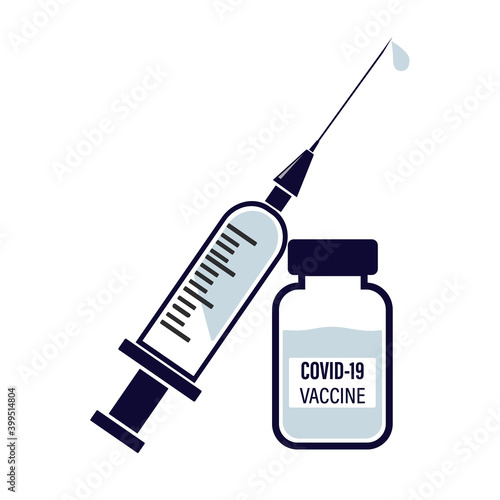 Covid - 19 vaccine Flat vector illustration, coronavirus vaccine (Covid-19), syringe and vial of vaccine.