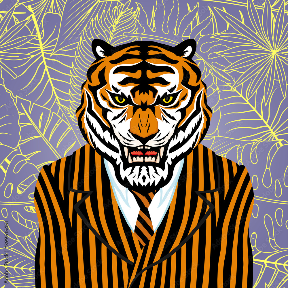 Fototapeta premium Illustration with tiger in striped suit with tie.