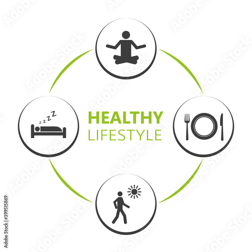 healthy lifestyle icons sleep apple yoga heart sport vector illustration EPS10
