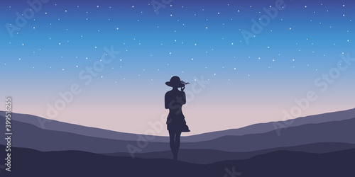 pretty girl with summer hat silhouette on starry sky background vector illustration EPS10