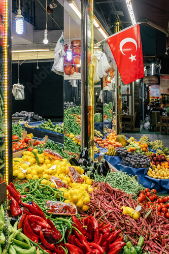 Canvas Print Variety of fresh fruits and vegetables at local market in Turkey