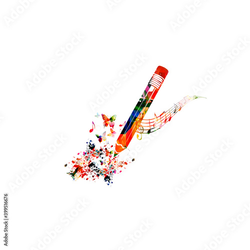 Colorful pencil with musical notes isolated. Creative writing, composing music, education concept vector illustration design