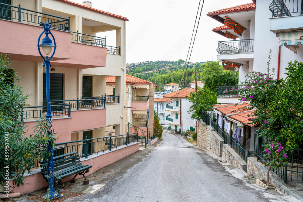 Fototapeta premium Empty street in Skala Fourkas, Greece