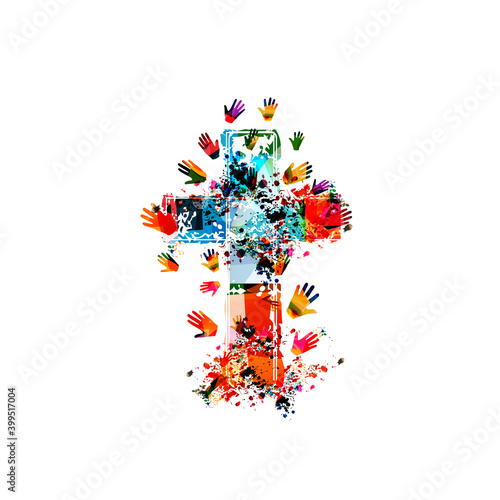 Colorful christian cross with human hands isolated vector illustration. Religion themed background. Design for Christianity, church charity, help and support, prayer and care