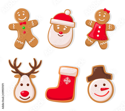 Gingerbread man and Santa Claus ginger cookies isolated icons set vector. Snowman with carrot nose, sock with snowflake print, reindeer animal deer
