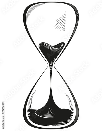 Full glass hourglass in engraving style. Clock with flowing sand.